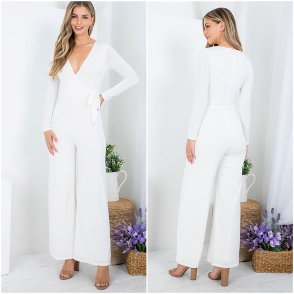 DEEP V-NECKLINE SURPLICE WITH SIDE BOW SQUARE WIDE LEG JUMPSUIT - Picture 1 of 8
